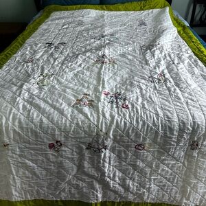 Vintage White Embroidered Child Baby Twin Size Quilt - Farm Animals - Handmade